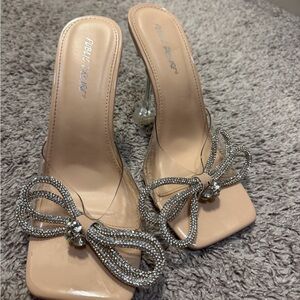 Public Desire Nude Heeled Mules with Crystal Bow Trim